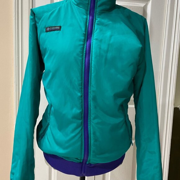 ICONIC 80’s RETRO BOMBER JACKET COLUMBIA REVERSIBLE DISCO PURPLE/TEAL Sz S - Picture 12 of 16